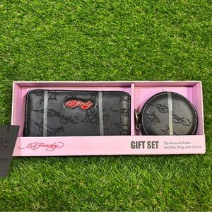 Ed Hardy Black and Red Wallet and Key Ring Set